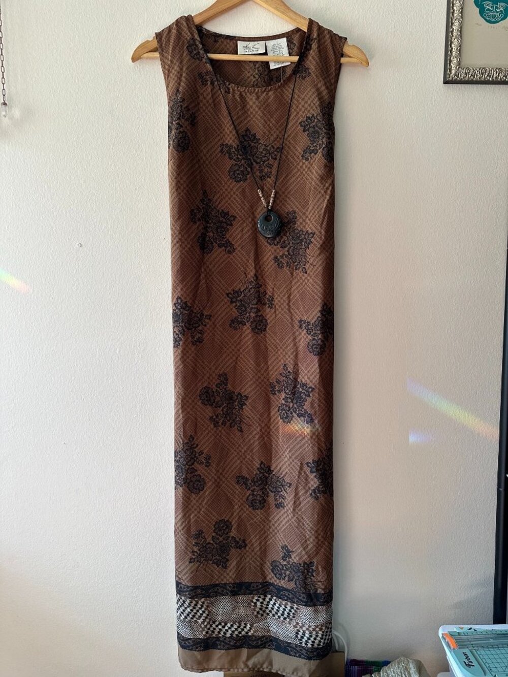 Women's Vintage Midi Dress w/Detachable Necklace - Brown, Black - Size Large NWT